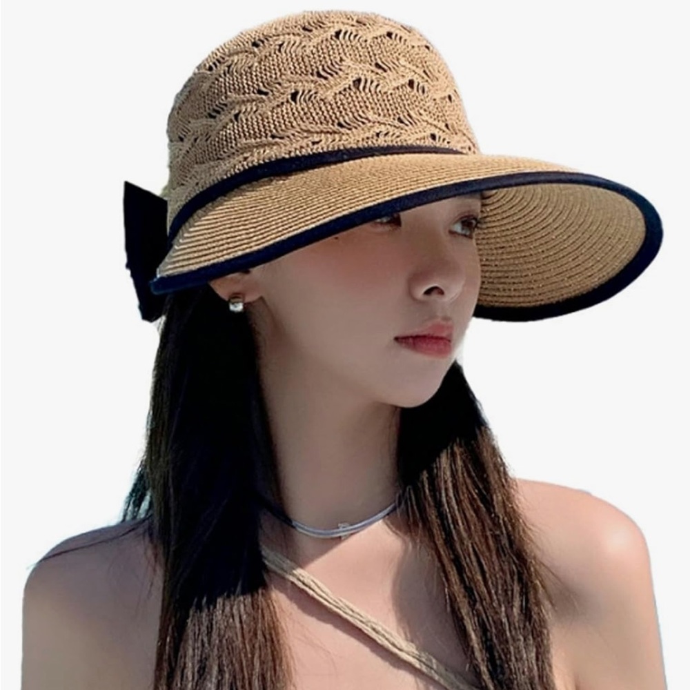 NWOT JONES NEW YORK Women's Tan Sun Hat with Pearl Accents Sun☀️Protection Brim